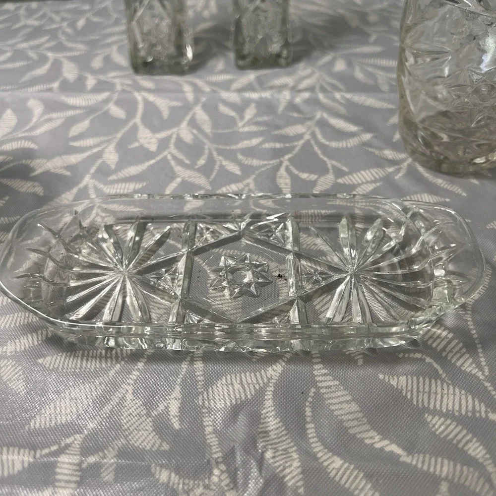 ANCHOR‎ HOCKING EARLY AMERICAN PRESCUT DAVID'S STAR 7 PIECE TABLE SERVICE SET